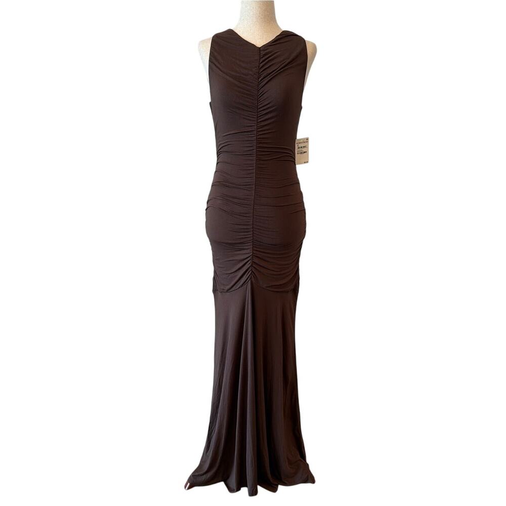 NWT Open Edit Ruched Sleeveless Dress, Brown Seal, Women's Size XS